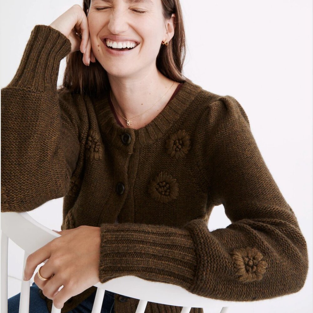 Embroidered Edencroft Pleat-Sleeve Cardigan Sweater